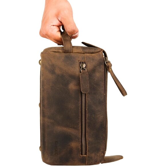 Unisex Distressed Tan Premium Buffalo Leather Toiletry Bag Travel Shaving kit - Picture 4 of 9